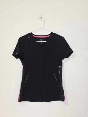 Koi Lite Black Pink Accents Scrub Top Women's XS Mock Wrap Slim Fit V-Neck
